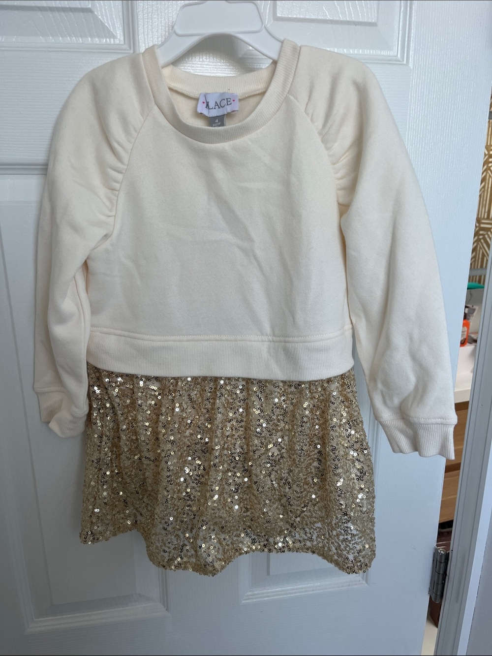 Children’s PLace Girls' Cream Sweatshirt Dress with Gold Sequin Skirt NWT Size 4